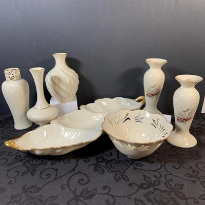 LOT 157: Collection of Lenox Vases, Special Edition Wildflower Candle Stick Holders, Three Section Leaf Bowl and Pierced Westbury Bowl