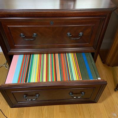 LOT 162: Wood Filing Cabinet with Two (2) Drawers Full of File Folders and a Asian Inspired Table Lamp
