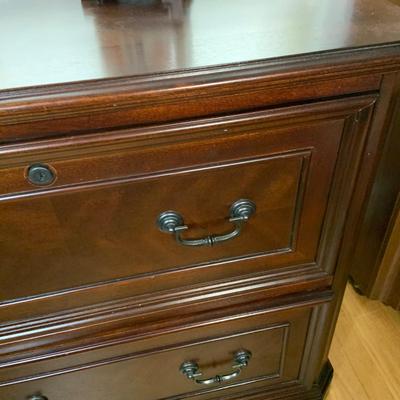 LOT 162: Wood Filing Cabinet with Two (2) Drawers Full of File Folders and a Asian Inspired Table Lamp