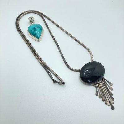 LOT 163: Sterling Pendants - Mexico Silver Black Onyx Pendant/Brooch Necklace and Turquoise Pendant