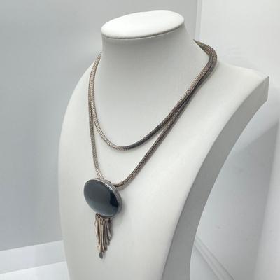 LOT 163: Sterling Pendants - Mexico Silver Black Onyx Pendant/Brooch Necklace and Turquoise Pendant