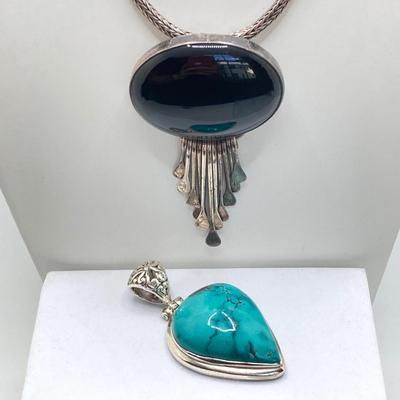 LOT 163: Sterling Pendants - Mexico Silver Black Onyx Pendant/Brooch Necklace and Turquoise Pendant