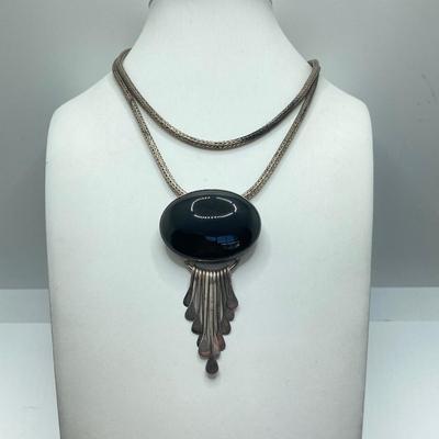 LOT 163: Sterling Pendants - Mexico Silver Black Onyx Pendant/Brooch Necklace and Turquoise Pendant