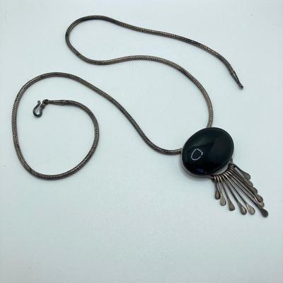 LOT 163: Sterling Pendants - Mexico Silver Black Onyx Pendant/Brooch Necklace and Turquoise Pendant