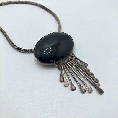 LOT 163: Sterling Pendants - Mexico Silver Black Onyx Pendant/Brooch Necklace and Turquoise Pendant