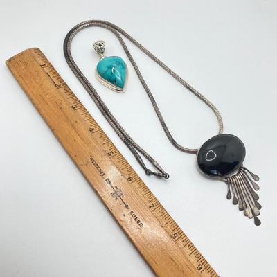LOT 163: Sterling Pendants - Mexico Silver Black Onyx Pendant/Brooch Necklace and Turquoise Pendant