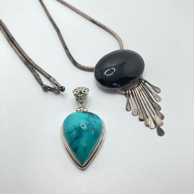 LOT 163: Sterling Pendants - Mexico Silver Black Onyx Pendant/Brooch Necklace and Turquoise Pendant