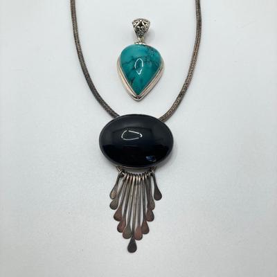 LOT 163: Sterling Pendants - Mexico Silver Black Onyx Pendant/Brooch Necklace and Turquoise Pendant