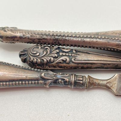 LOT 165: Vintage Sterling Handle Collection - Brush, Pumice Stone, Files, Hook Boot Lace Threaders and Letter Opener