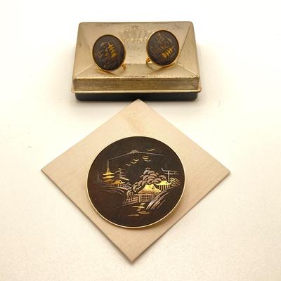 LOT 166: Vintage Amita Damascene Jewelry Collection - Pendant / Brooch and Screw Back Earrings