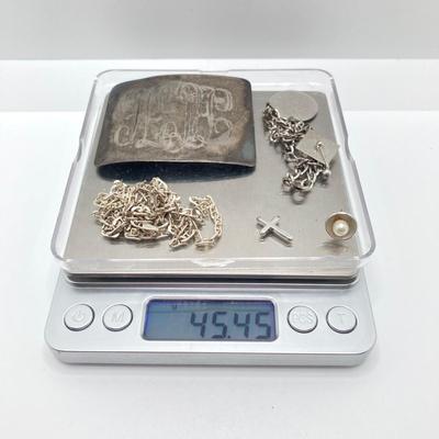 LOT 168: Sterling Jewelry Collection - Chain, Monogrammed Belt Buckle, Tie Tack, Vintage Charm Bracelet with Charms and More
