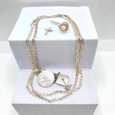 LOT 168: Sterling Jewelry Collection - Chain, Monogrammed Belt Buckle, Tie Tack, Vintage Charm Bracelet with Charms and More
