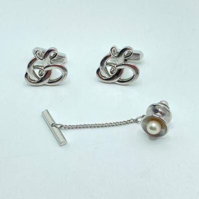 LOT 168: Sterling Jewelry Collection - Chain, Monogrammed Belt Buckle, Tie Tack, Vintage Charm Bracelet with Charms and More