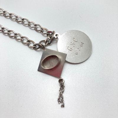 LOT 168: Sterling Jewelry Collection - Chain, Monogrammed Belt Buckle, Tie Tack, Vintage Charm Bracelet with Charms and More
