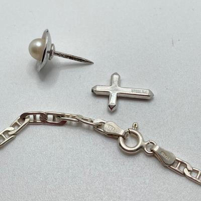 LOT 168: Sterling Jewelry Collection - Chain, Monogrammed Belt Buckle, Tie Tack, Vintage Charm Bracelet with Charms and More