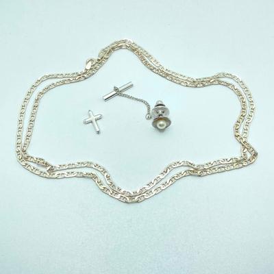 LOT 168: Sterling Jewelry Collection - Chain, Monogrammed Belt Buckle, Tie Tack, Vintage Charm Bracelet with Charms and More