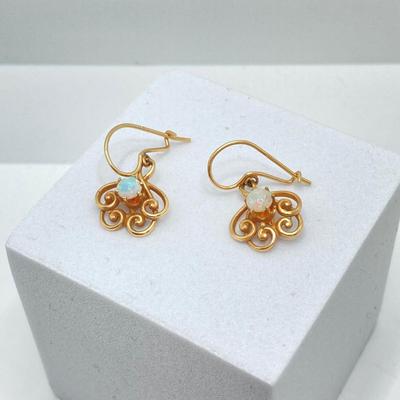 LOT 173: Gold and Opal Dangle Pierced Earrings - 14KT, TW 2.66g