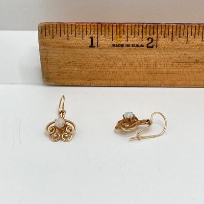 LOT 173: Gold and Opal Dangle Pierced Earrings - 14KT, TW 2.66g