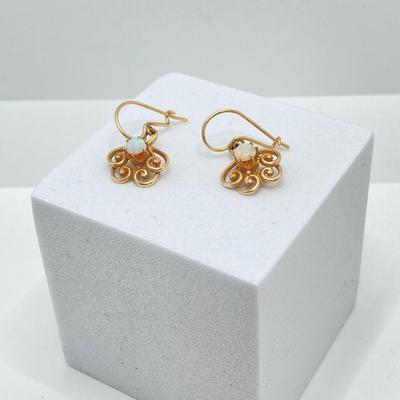 LOT 173: Gold and Opal Dangle Pierced Earrings - 14KT, TW 2.66g