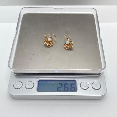 LOT 173: Gold and Opal Dangle Pierced Earrings - 14KT, TW 2.66g
