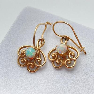 LOT 173: Gold and Opal Dangle Pierced Earrings - 14KT, TW 2.66g