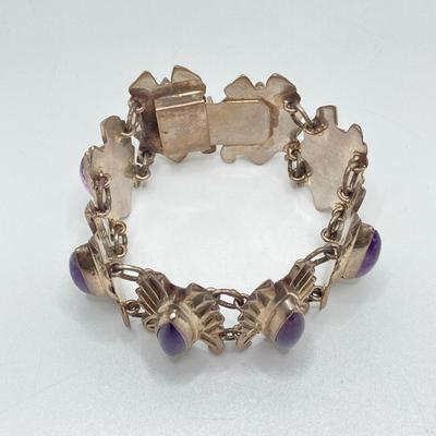 LOT 175: Vintage / Antique Sterling and Amethyst Stone En Hencho Mexico Bracelet and Hallmarked Brooch Pin