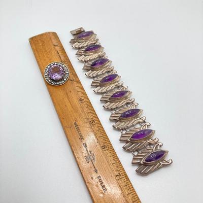 LOT 175: Vintage / Antique Sterling and Amethyst Stone En Hencho Mexico Bracelet and Hallmarked Brooch Pin
