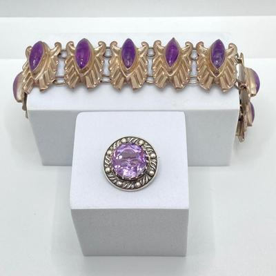 LOT 175: Vintage / Antique Sterling and Amethyst Stone En Hencho Mexico Bracelet and Hallmarked Brooch Pin