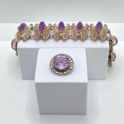 LOT 175: Vintage / Antique Sterling and Amethyst Stone En Hencho Mexico Bracelet and Hallmarked Brooch Pin