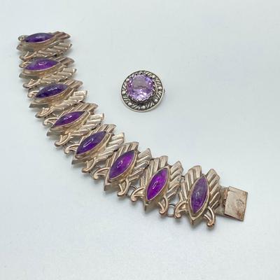 LOT 175: Vintage / Antique Sterling and Amethyst Stone En Hencho Mexico Bracelet and Hallmarked Brooch Pin