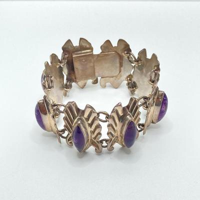 LOT 175: Vintage / Antique Sterling and Amethyst Stone En Hencho Mexico Bracelet and Hallmarked Brooch Pin