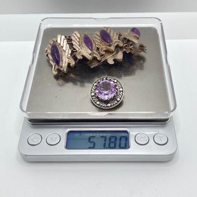 LOT 175: Vintage / Antique Sterling and Amethyst Stone En Hencho Mexico Bracelet and Hallmarked Brooch Pin