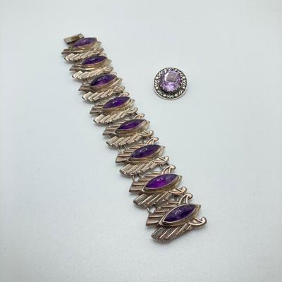 LOT 175: Vintage / Antique Sterling and Amethyst Stone En Hencho Mexico Bracelet and Hallmarked Brooch Pin