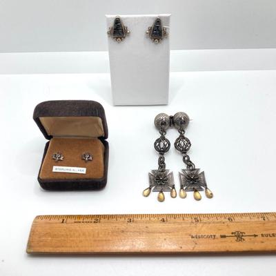 LOT 176: Vintage Sterling Jewelry Collection - 830 Dangling Pin and Screw Back Earrings and Unmarked Pierced Earrings
