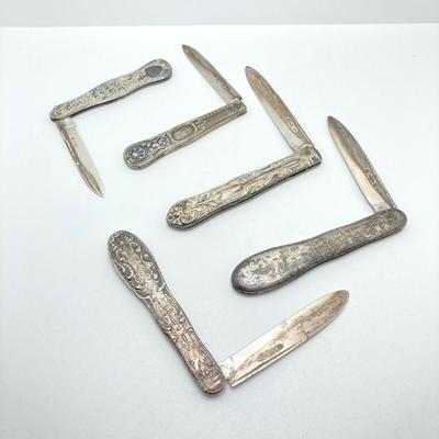 LOT 179: Collection of Vintage Ornate Folding Pen Knives - Marked 750 and Hallmarked Styles Included