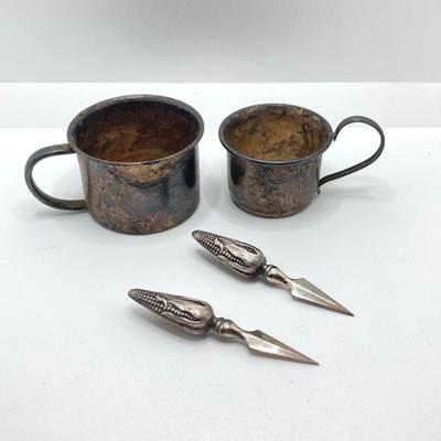 LOT 182: Large Collection of Vintage Sterling - Children's Cups, Spoons, Corn Cob Holders and Sterling Handled Serving Utensils