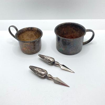 LOT 182: Large Collection of Vintage Sterling - Children's Cups, Spoons, Corn Cob Holders and Sterling Handled Serving Utensils