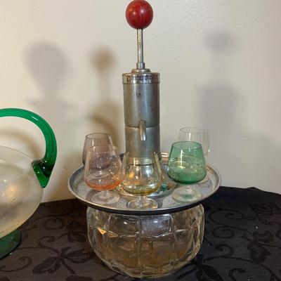 LOT 192: Vintage Bar Collection Including Cordial Glasses, Park Sherman Style Liquor Dispenser, Art Glass Carafe and More