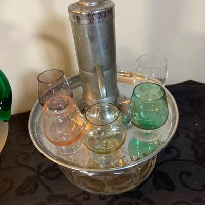 LOT 192: Vintage Bar Collection Including Cordial Glasses, Park Sherman Style Liquor Dispenser, Art Glass Carafe and More