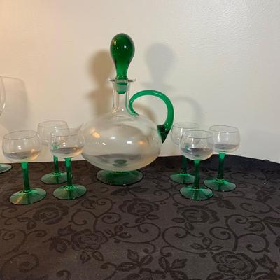 LOT 192: Vintage Bar Collection Including Cordial Glasses, Park Sherman Style Liquor Dispenser, Art Glass Carafe and More