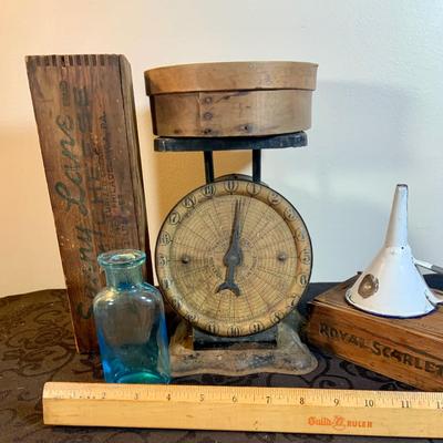 LOT 193: American Cutlery Kitchen Scale, Primitive Boxes, Bottle and Funnel