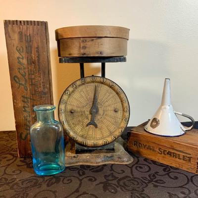 LOT 193: American Cutlery Kitchen Scale, Primitive Boxes, Bottle and Funnel