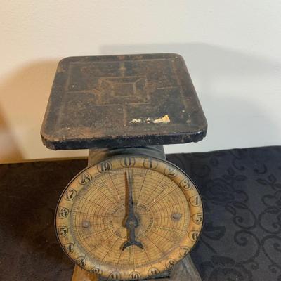 LOT 193: American Cutlery Kitchen Scale, Primitive Boxes, Bottle and Funnel