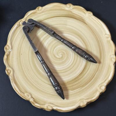 LOT 195: MCM Lazy Susans (1 Kromex), Bronze & Porcelain Fruit Knives, Germany, Antique Nutcracker & More