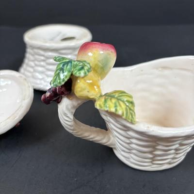 LOT 198: Stangl Two-Tier Pottery Tib-Bit Tray, Stangl Pottery Amber Glo Serving Tray w/Handle, Dunoon Stoneware Mugs, Holt Howard Sugar...