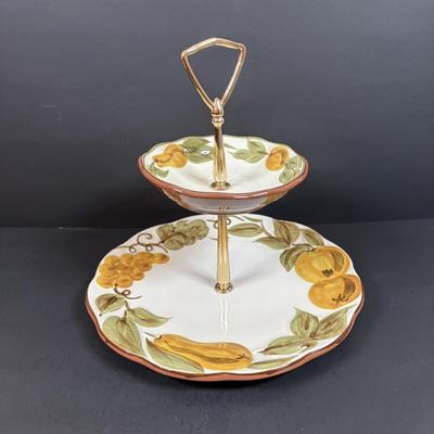 LOT 198: Stangl Two-Tier Pottery Tib-Bit Tray, Stangl Pottery Amber Glo Serving Tray w/Handle, Dunoon Stoneware Mugs, Holt Howard Sugar...