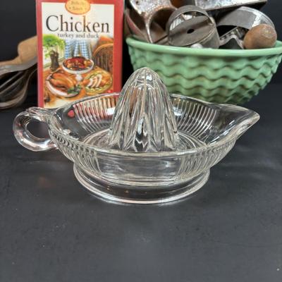 LOT 199: Vintage Kitchen: Springerle Rolling Pin, Citrus Reamer/Juicer, PA Dutch Cookie Cutters, Pottery Mixing Bowl & More