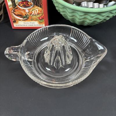 LOT 199: Vintage Kitchen: Springerle Rolling Pin, Citrus Reamer/Juicer, PA Dutch Cookie Cutters, Pottery Mixing Bowl & More