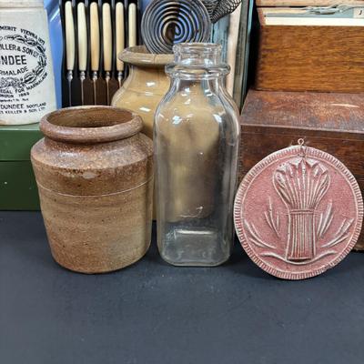 LOT 200: Wooden Recipe Holders, Dundee Marmalade Crock & Others, Strawbridge & Clothier Knife Set made by Sheffield England,...