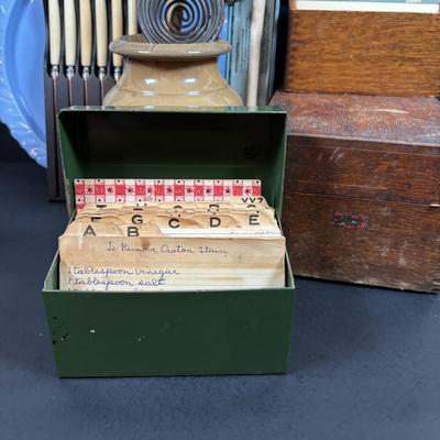 LOT 200: Wooden Recipe Holders, Dundee Marmalade Crock & Others, Strawbridge & Clothier Knife Set made by Sheffield England,...